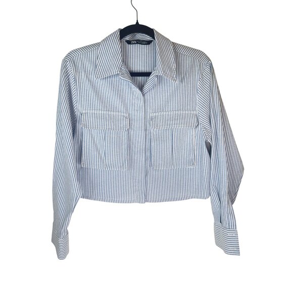 Zara Tops - 2/$30 ZARA Womens Small Blue & White Striped Long Sleeve Cropped Shirt